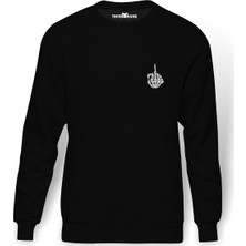 Tshirthane Iskelet Gösteren Orta Parmak Orta Parmak Göğüs Baskılı Siyah Erkek Örme Sweatshirt Uzun kol