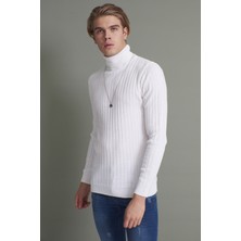 Tena Moda Erkek Beyaz Tam Balıkçı Yaka Fitilli Bacis Triko Kazak