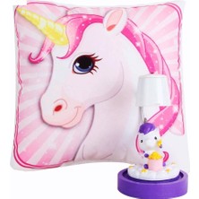 Hediyekanalı Pembe Unicorn Tasarımlı Puf Yastık Sevimli Unicorn Masa Gece Lambası Işıklı Biblo Hediye Seti