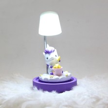 Hediyekanalı Pembe Unicorn Tasarımlı Puf Yastık Sevimli Unicorn Masa Gece Lambası Işıklı Biblo Hediye Seti