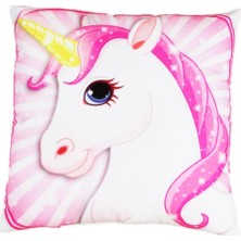 Hediyekanalı Pembe Unicorn Tasarımlı Puf Yastık Sevimli Unicorn Masa Gece Lambası Işıklı Biblo Hediye Seti
