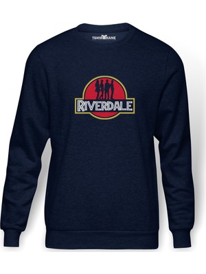 Tshirthane Riverdale Jurassic Park Logo Baskılı İndigo Mavi Lacivert Erkek Örme Sweatshirt Uzun kol