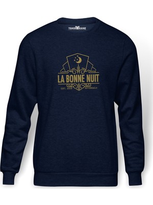 Tshirthane Riverdale La Bonne Nuit Baskılı İndigo Mavi Lacivert Erkek Örme Sweatshirt Uzun kol
