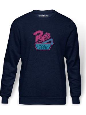 Tshirthane Riverdale Pop's Chock'lit Shoppe Baskılı İndigo Mavi Lacivert Erkek Örme Sweatshirt Uzun kol