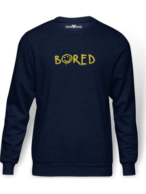 Tshirthane Sherlock Bored Baskılı İndigo Mavi Lacivert Erkek Örme Sweatshirt Uzun kol