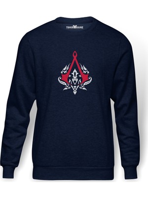 Tshirthane Assassin's Creed 2 Baskılı İndigo Mavi Lacivert Erkek Örme Sweatshirt Uzun kol