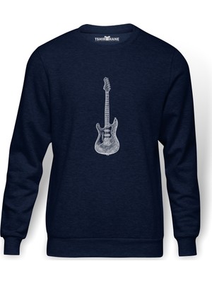 Tshirthane Drawing Elektro Guitar Red Baskılı İndigo Mavi Lacivert Erkek Örme Sweatshirt Uzun kol