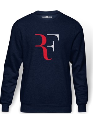 Tshirthane Roger Federer Rf Baskılı İndigo Mavi Lacivert Erkek Örme Sweatshirt Uzun kol