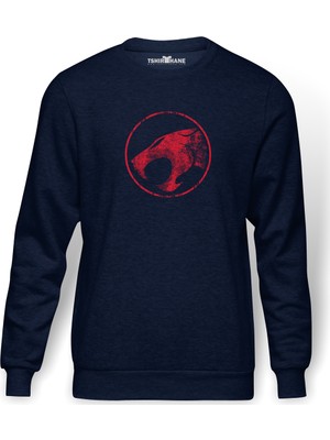 Tshirthane Thundercats Logo Baskılı İndigo Mavi Lacivert Erkek Örme Sweatshirt Uzun kol