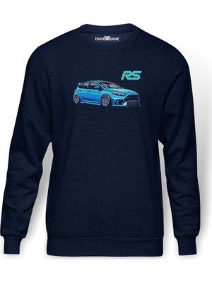 Tshirthane Ford Focus RS Baskılı İndigo Mavi Lacivert Erkek Örme Sweatshirt Uzun kol