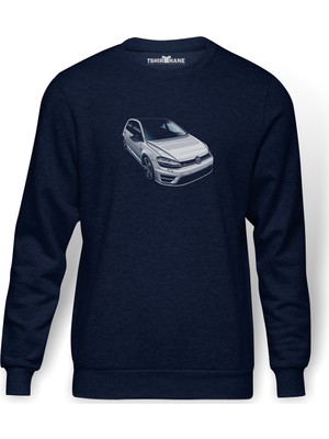 Tshirthane VW Golf R Baskılı İndigo Mavi Lacivert Erkek Örme Sweatshirt Uzun kol