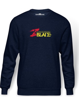 Tshirthane CONQUEROR' BALDE Baskılı İndigo Mavi Lacivert Erkek Örme Sweatshirt Uzun kol