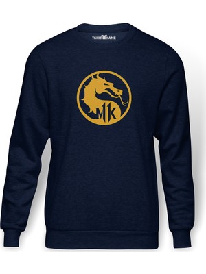 Tshirthane Mortal Kombat Baskılı İndigo Mavi Lacivert Erkek Örme Sweatshirt Uzun kol