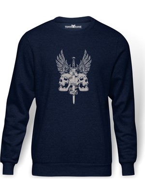 Tshirthane Kafatası Ve Kanatlar Ile Gri Kılıç Baskılı İndigo Mavi Lacivert Erkek Örme Sweatshirt Uzun kol