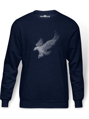 Tshirthane Kel Kartal Kuşu Kanatları Parçacıklar Baskılı İndigo Mavi Lacivert Erkek Örme Sweatshirt Uzun kol