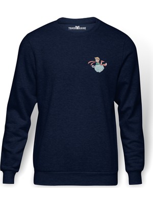 Tshirthane Küçük Prens Göğüs Baskı Çizgi Film Baskılı İndigo Mavi Lacivert Erkek Örme Sweatshirt Uzun kol