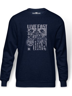 Tshirthane Live Fast Motorsiklet Baskılı İndigo Mavi Lacivert Erkek Örme Sweatshirt Uzun kol
