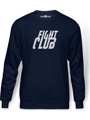 Tshirthane Fight Club Logo Baskılı İndigo Mavi Lacivert Erkek Örme Sweatshirt Uzun kol