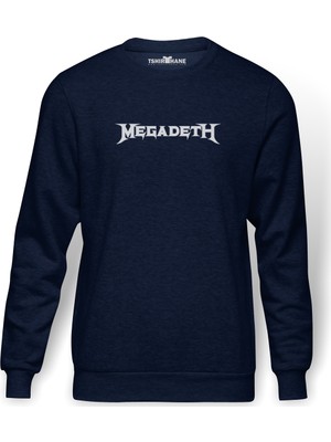 Tshirthane Megadeth Logo Baskılı İndigo Mavi Lacivert Erkek Örme Sweatshirt Uzun kol