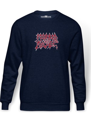 Tshirthane Morbid Angel Logo Baskılı İndigo Mavi Lacivert Erkek Örme Sweatshirt Uzun kol