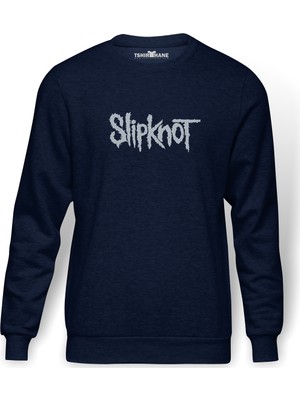 Tshirthane Slipknot Logo Baskılı İndigo Mavi Lacivert Erkek Örme Sweatshirt Uzun kol