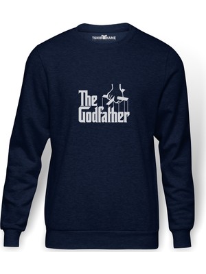 Tshirthane The Godfather Baskılı İndigo Mavi Lacivert Erkek Örme Sweatshirt Uzun kol