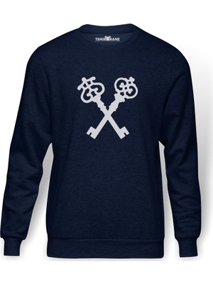 Tshirthane Keys Clefs White On Black 2 Baskılı İndigo Mavi Lacivert Erkek Örme Sweatshirt Uzun kol