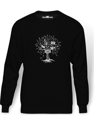Tshirthane Silhouette Melody Tree Baskılı Siyah Erkek Örme Sweatshirt Uzun kol