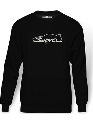 Tshirthane Araba Supra Logo Baskılı Siyah Erkek Örme Sweatshirt Uzun kol
