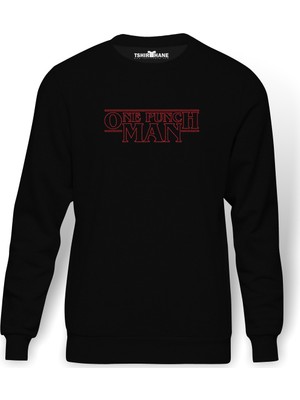 Tshirthane One Punch Man Baskılı Siyah Erkek Örme Sweatshirt Uzun kol