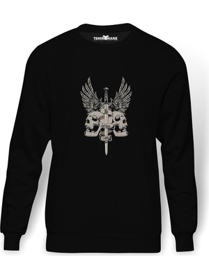 Tshirthane Kafatası Ve Kanatlar Ile Gri Kılıç Baskılı Siyah Erkek Örme Sweatshirt Uzun kol