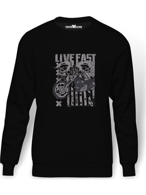 Tshirthane Live Fast Motorsiklet Baskılı Siyah Erkek Örme Sweatshirt Uzun kol