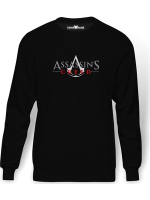 Tshirthane Creed Logosu Assassins Creed Tam Logosu Baskılı Siyah Erkek Örme Sweatshirt Uzun kol