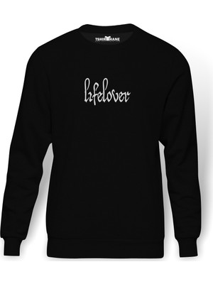 Tshirthane Lifelover Logo Baskılı Siyah Erkek Örme Sweatshirt Uzun kol