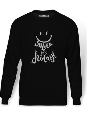 Tshirthane Cuma Günkü Metin Smile English Art Baskılı Siyah Erkek Örme Sweatshirt Uzun kol