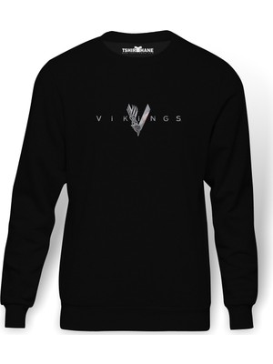 Tshirthane Vikings Baskılı Siyah Erkek Örme Sweatshirt Uzun kol