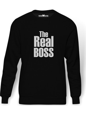 Tshirthane The Real Boss Baskılı Siyah Erkek Örme Sweatshirt Uzun kol