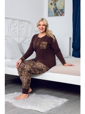 Myben Bisiklet Yaka Leopar Desenli Uzun Kollu Büyük Beden Xxxl Pijama Takımı Alt Üst Takım 16120 XXXL