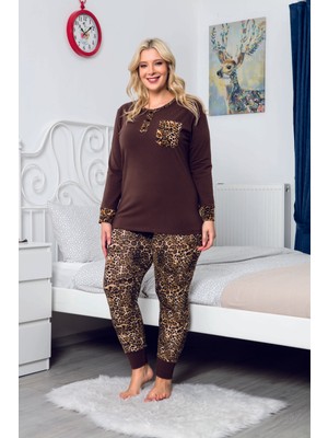 Myben Bisiklet Yaka Leopar Desenli Uzun Kollu Büyük Beden Xxxl Pijama Takımı Alt Üst Takım 16120 XXXL