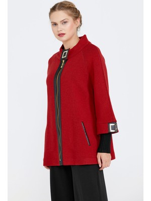 Sementa Toka Detaylı Fermuarlı Kadın Triko Ceket - Kırmızı - Siyah