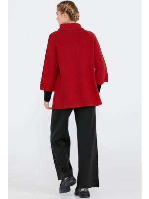 Sementa Toka Detaylı Fermuarlı Kadın Triko Ceket - Kırmızı - Siyah