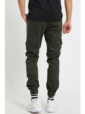 Serseri Jeans Haki Renk Likralı Slim Fit Yanları Şeritli Kargo Cep Pantolon