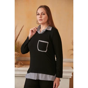 Cep Detaylı Ekoseli Büyük Beden Siyah Gömlek Bluz