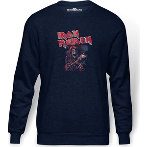 İron Maiden Ed Force One Canavar Yolda Baskılı İndigo Mavi Lacivert Erkek Örme Sweatshirt Uzun kol