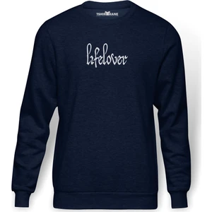 Lifelover Logo Baskılı İndigo Mavi Lacivert Erkek Örme Sweatshirt Uzun kol
