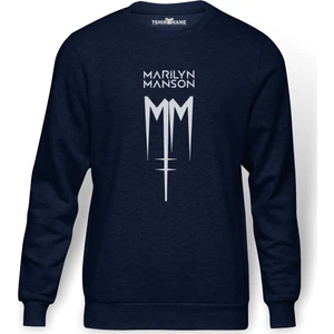 Marilyn Manson MM Baskılı İndigo Mavi Lacivert Erkek Örme Sweatshirt Uzun kol