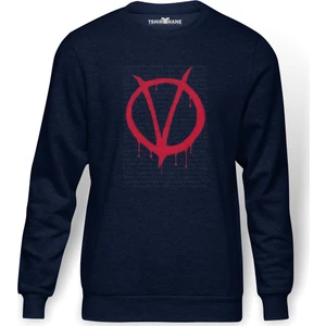 V For Vendetta Baskılı İndigo Mavi Lacivert Erkek Örme Sweatshirt Uzun kol