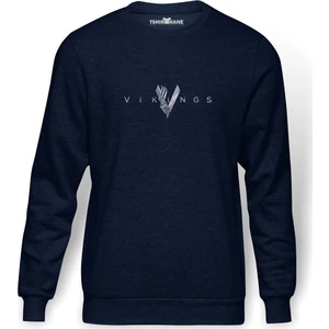 Vikings Baskılı İndigo Mavi Lacivert Erkek Örme Sweatshirt Uzun kol