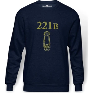 Sherlock Holmes Baskılı İndigo Mavi Lacivert Erkek Örme Sweatshirt Uzun kol