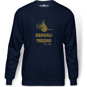 OSMANLI TORUNU TUGRA 1453 Baskılı İndigo Mavi Lacivert Erkek Örme Sweatshirt Uzun kol